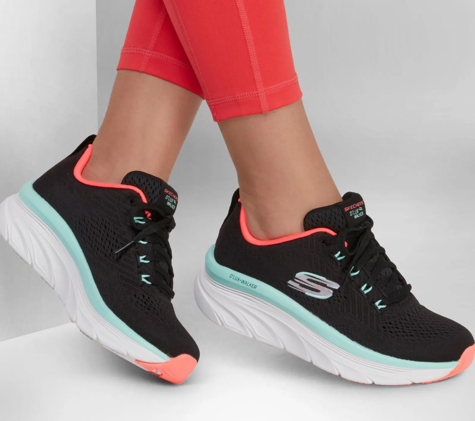 Com Atacadores|Sapatilhas-SKECHERS Relaxed Fit: D'Lux Walker - Fresh Finesse PRETO / MENTA